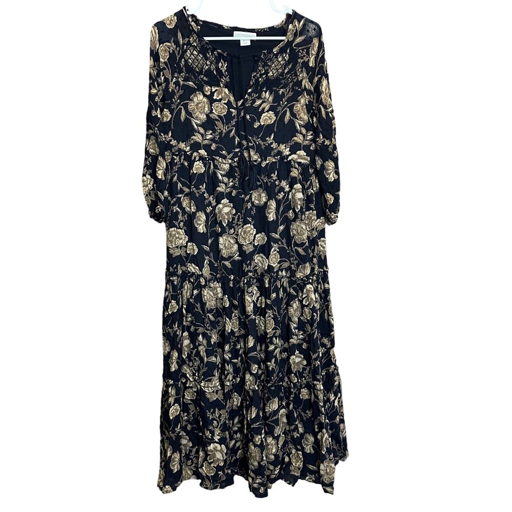 Cynthia Rowley‎ Floral Tiered boho Dress Size 2 Black Brown Swiss Dot Tie Neck